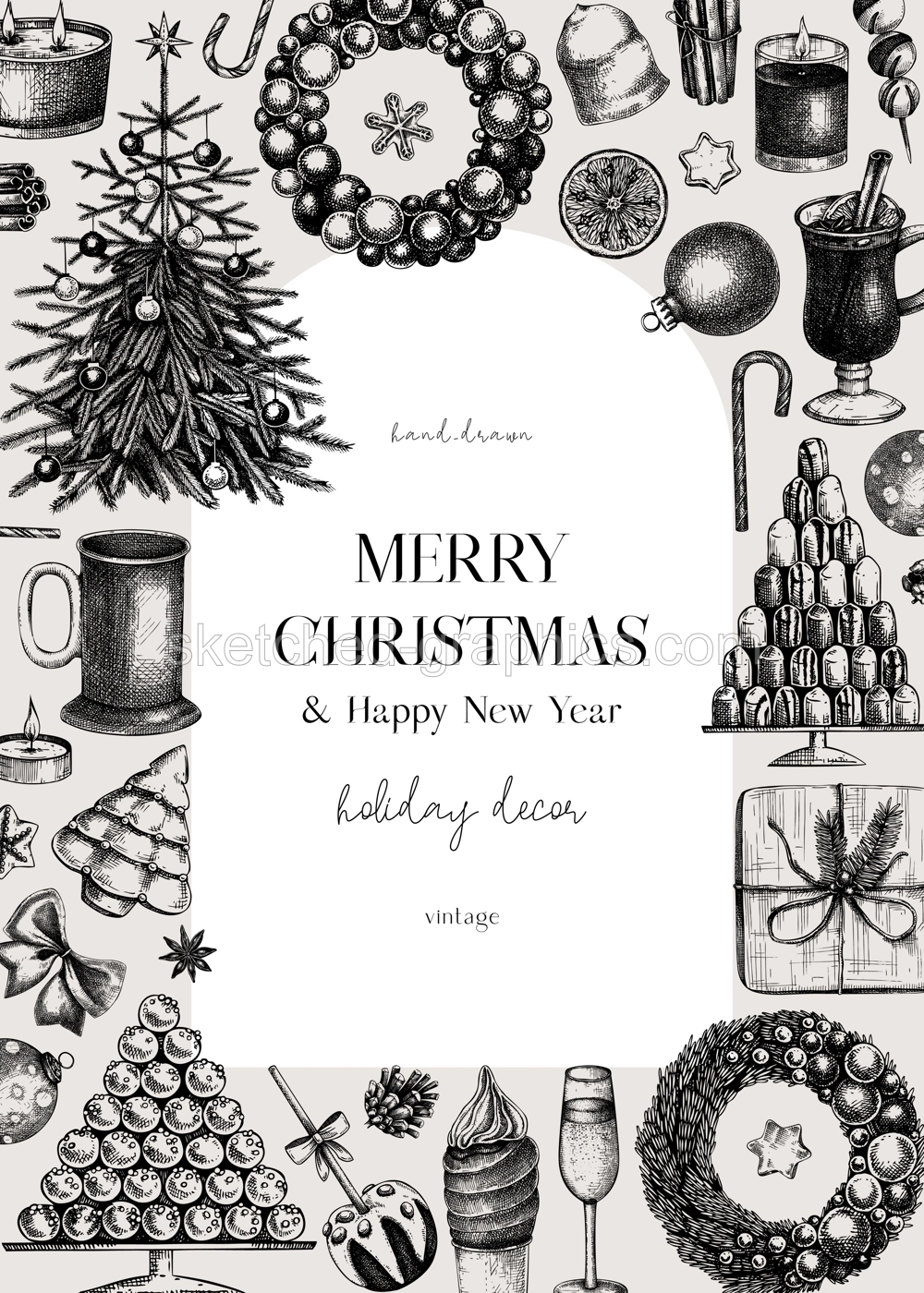 Christmas card design. Hand drawn vector illustration. Winter holiday background. Christmas tree decoration, Christmas wreath, hot dinks, sweets and gift sketches. Vintage template Illustration